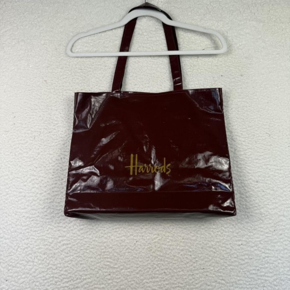 Harrods Burgundy PVC Coated Cotton Tote Bag Large Logo Shopper Shoulder Bag